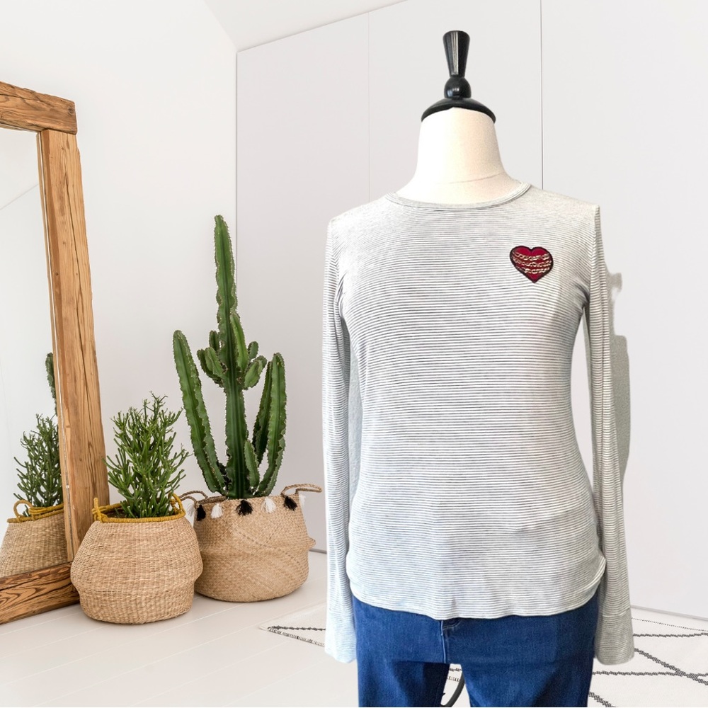 Lauren Moshi Striped Chain Heart Patch Long Sleeve Top